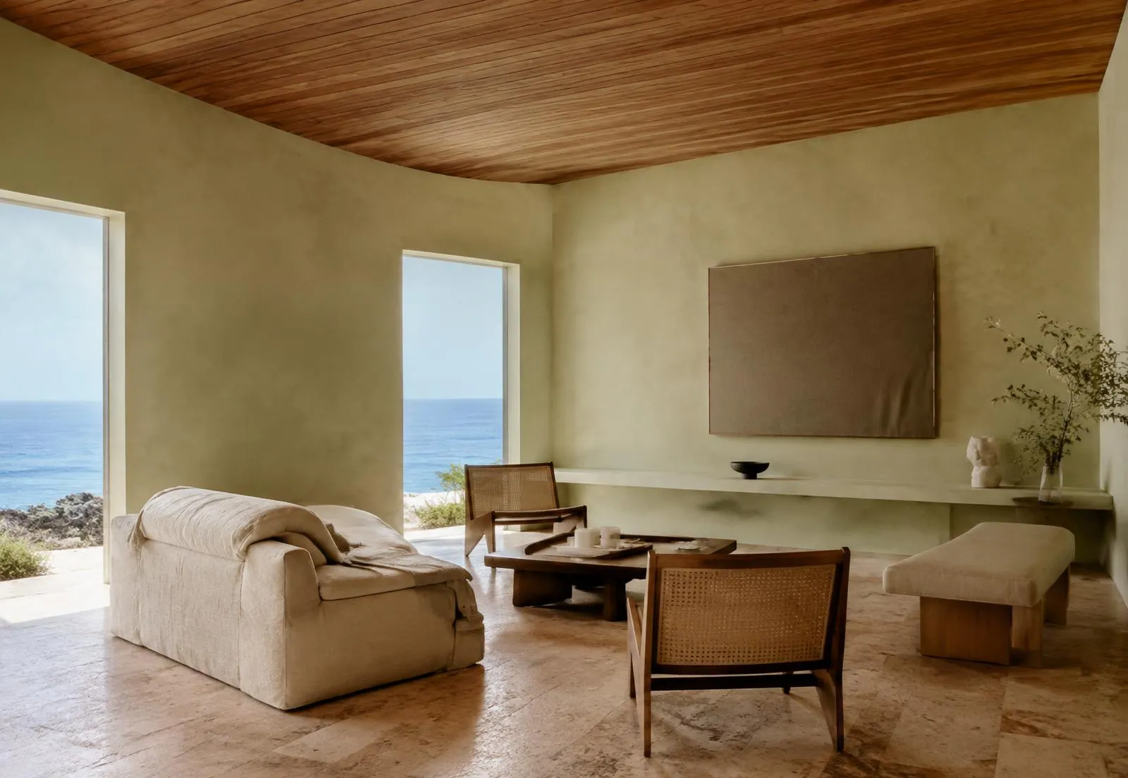 Lime-plaster living room with timber ceiling and ocean view